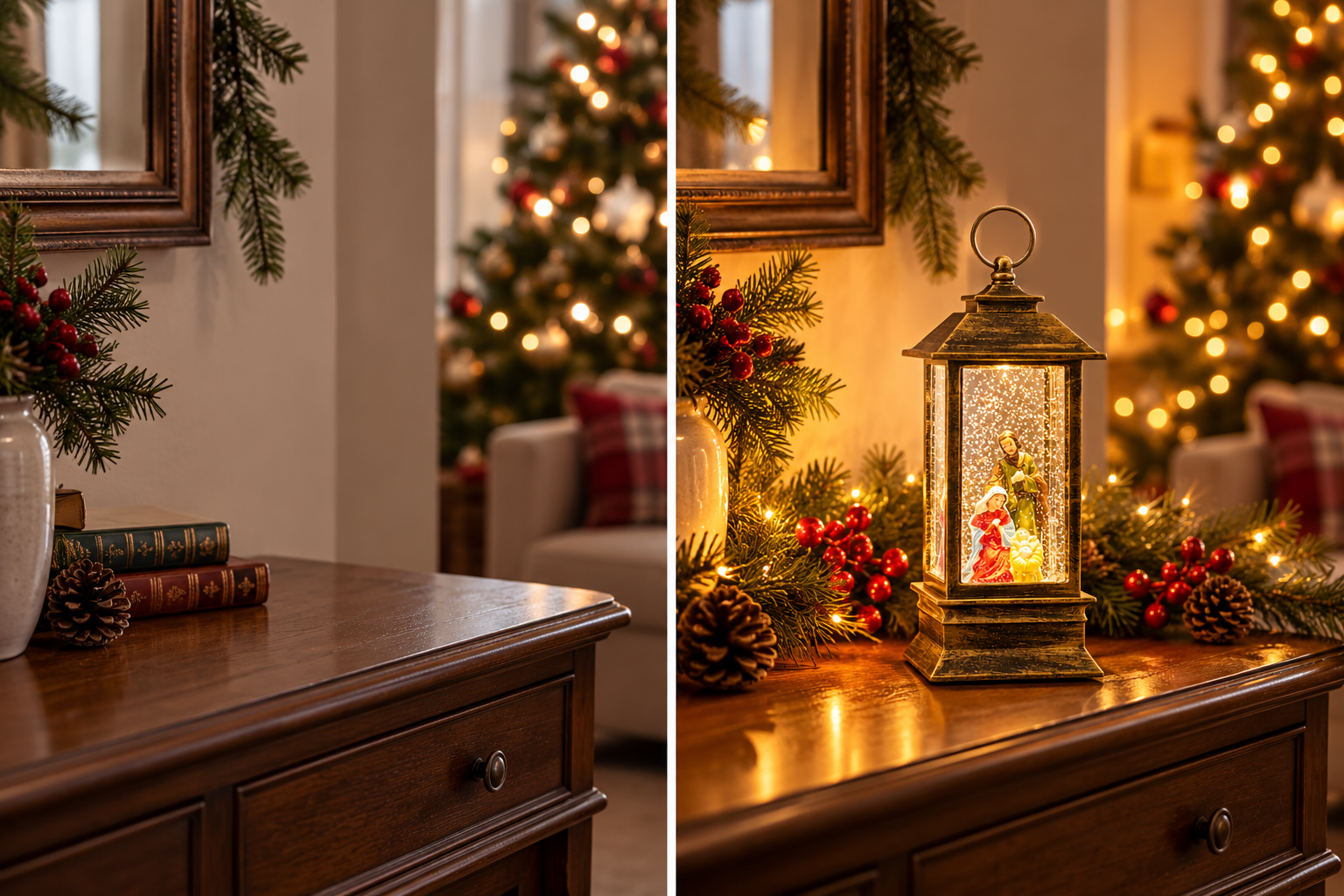 Antes y después: un rincón sin decorar vs. el mismo rincón con el Farol del Pesebre encendido, acogedor y navideño