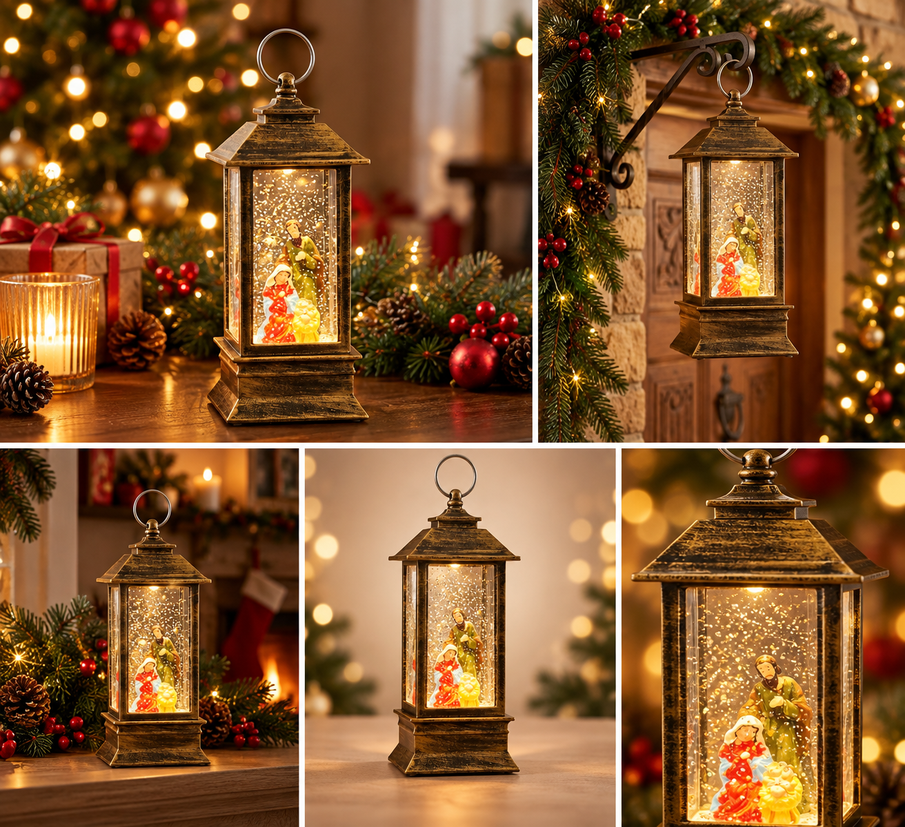 Collage navideño del Farol del Pesebre en distintos ambientes del hogar