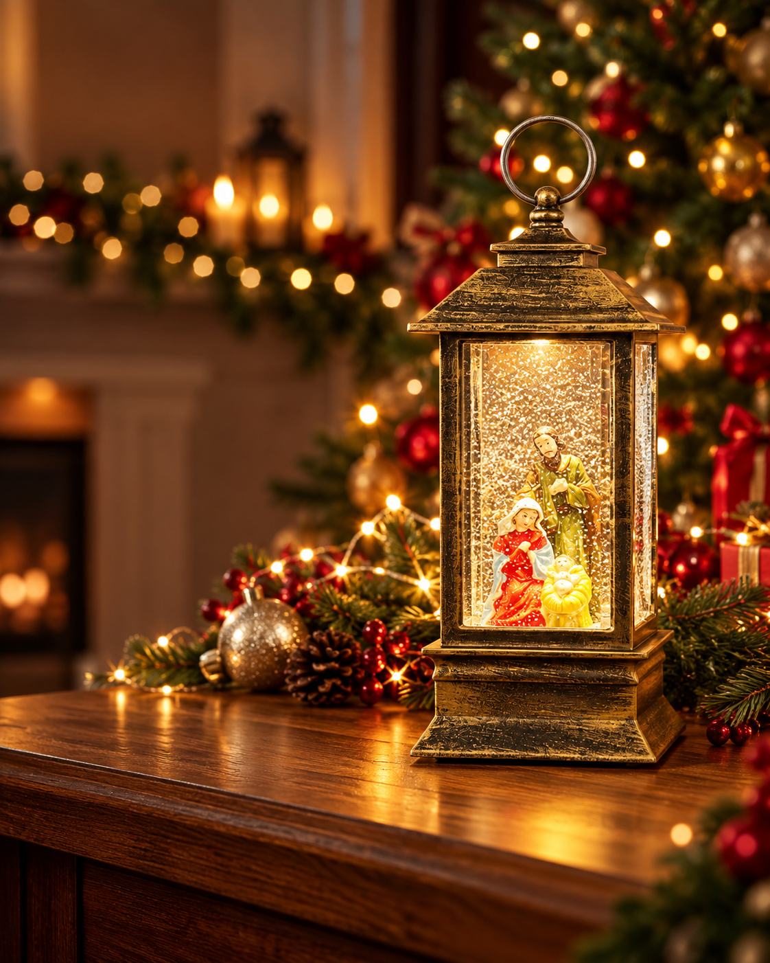Farol del Pesebre encendido con el nacimiento en su interior