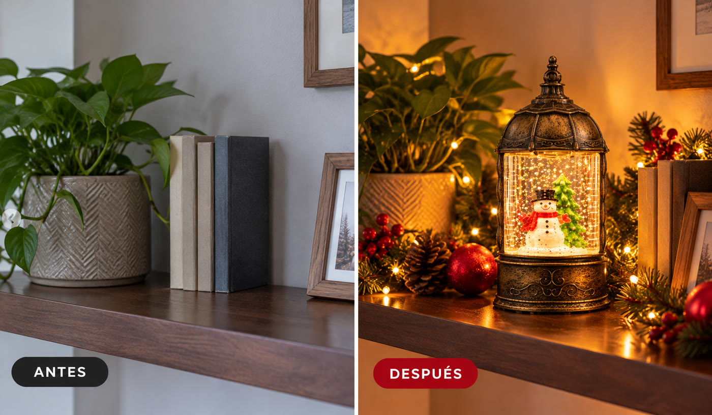 Antes y después: un rincón sin decorar vs. el mismo rincón con el Farolito de Navidad encendido, acogedor y navideño