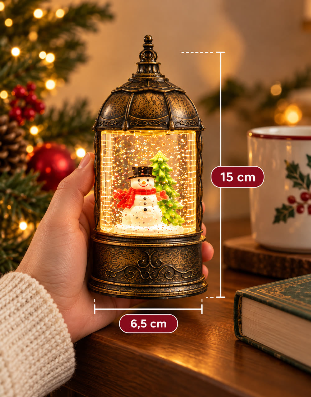 Farolito de Navidad redondo de 15x6,5cm: tamaño ideal para mesas, repisas y escritorios