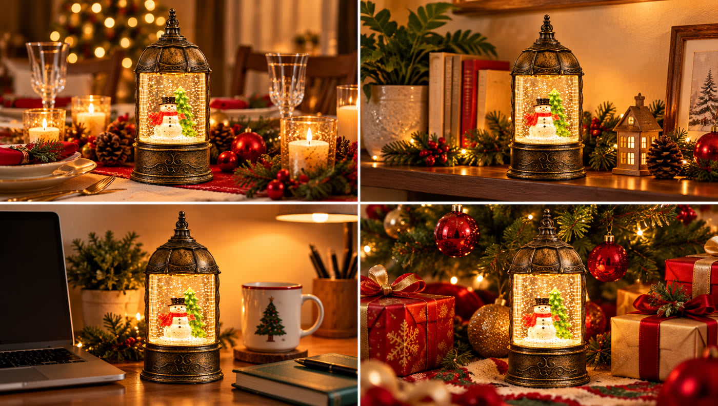 Collage navideño del Farolito de Navidad en distintos ambientes del hogar