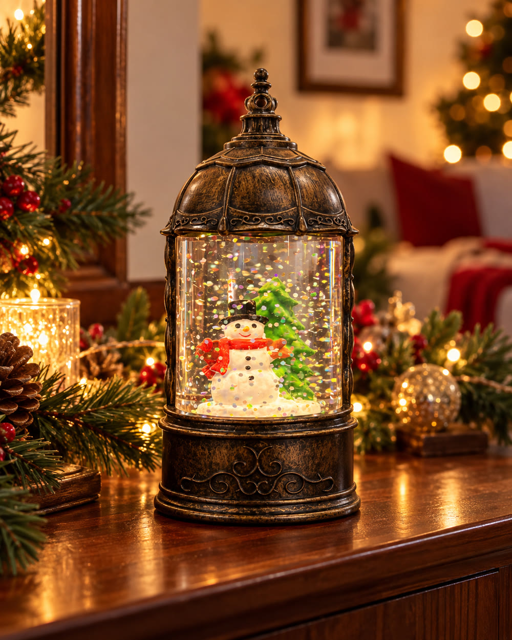 Farolito de Navidad redondo con muñeco de nieve y brillos en su interior