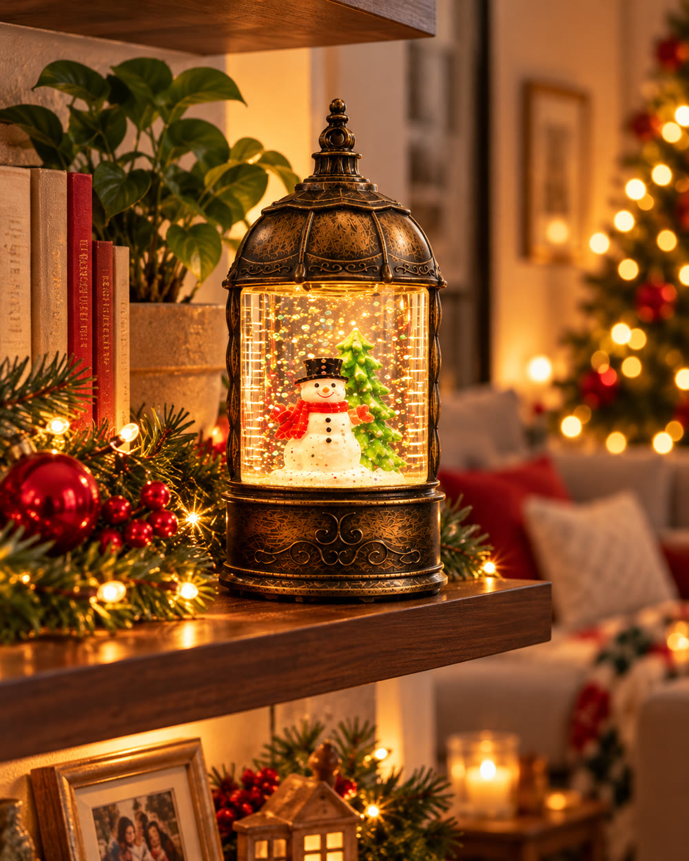 Farolito de Navidad en una repisa navideña